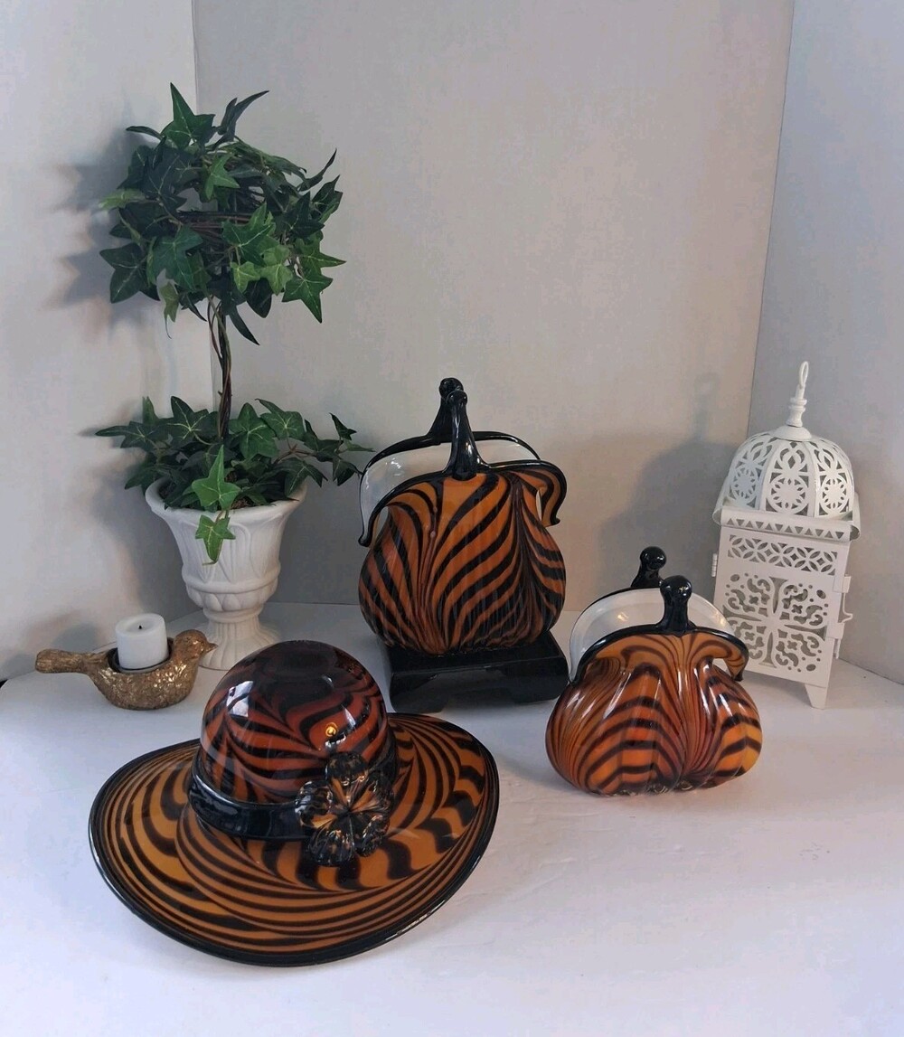 Vintage 1990's Murano Style Art Glass Ladies Hat; 🐅 Tiger Stripe Design 🐅